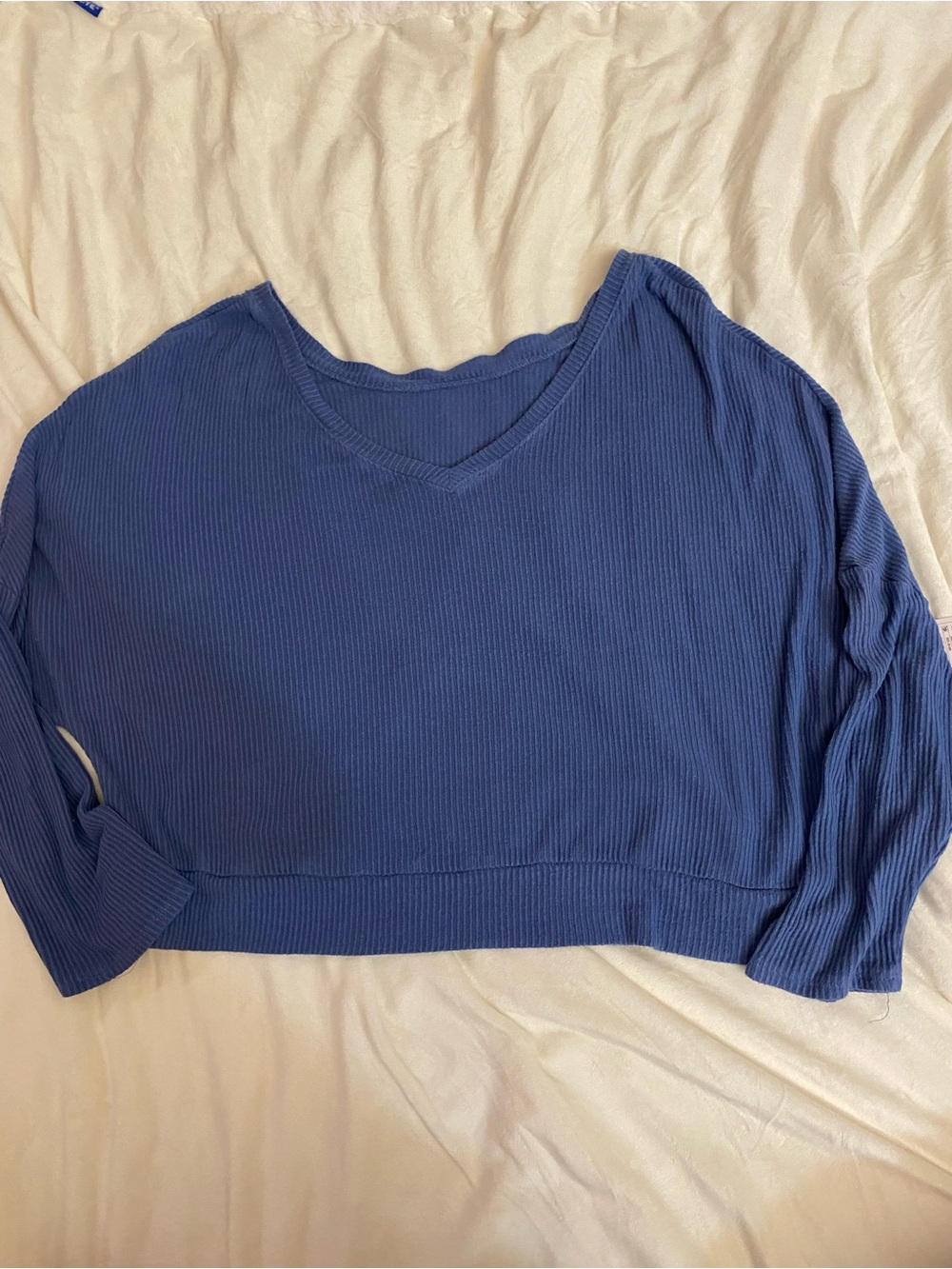 Target Blue Ribbed V-Neck Cropped Long-Sleeve Top